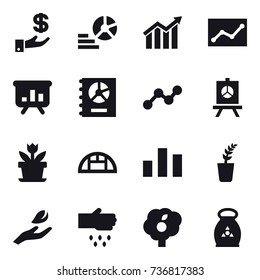 16 vector icon set : investment, diagram, statistic, presentation, annual report, graph, flower, greenhouse, seedling, hand leaf, sow, garden, fertilizer