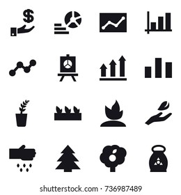 16 vector icon set : investment, diagram, statistic, graph, presentation, graph up, seedling, sprouting, hand leaf, sow, spruce, garden, fertilizer