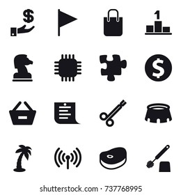 16 vector icon set : investment, flag, shopping bag, pedestal, chess horse, chip, puzzle, dollar coin, remove from basket, shopping list, stadium, palm, wireless, toilet brush