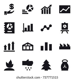 16 vector icon set : investment, diagram, statistic, annual report, graph, presentation, graph up, greenhouse, seedling, sprouting, sow, spruce, fertilizer