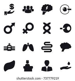 16 vector icon set : investment, group, brain, cell corection, hand and drop