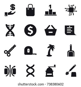 16 vector icon set : investment, shopping bag, pedestal, chip, dna, dollar coin, remove from basket, shopping list, measuring tape, palm, scoop, hand mill, toilet brush