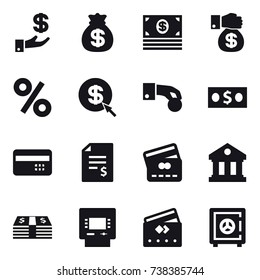 16 vector icon set : investment, money bag, money, money gift, percent, dollar arrow, hand coin, credit card, account balance, library, atm, safe