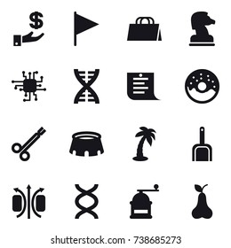 16 vector icon set : investment, flag, shopping bag, chess horse, chip, dna, shopping list, donut, stadium, palm, scoop, hand mill, pear