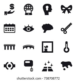 16 vector icon set : investment, notebook globe, bulb head, bow, calendar, bridge, flower in window, thermometer, clean floor, spot