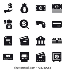 16 vector icon set : investment, money bag, money, money gift, dollar arrow, hand coin, credit card, account balance, library, atm, safe