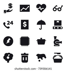 16 vector icon set : investment, statistic, electricity, pan, water pump, garden, trash bin, spot, washing powder