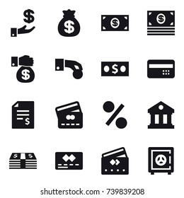 16 vector icon set : investment, money bag, money, money gift, hand coin, credit card, account balance, percent, library, safe