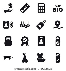 16 vector icon set : investment, sale, calculator, bio, pass card, identity card, do not distrub, trailer, pear, handle washing, please clean