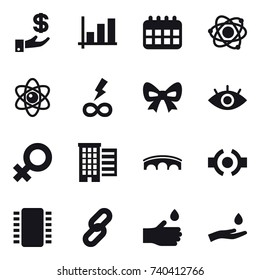 16 vector icon set : investment, graph, calendar, atom, infinity power, bow, houses, bridge, hand drop, hand and drop