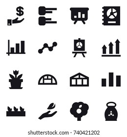 16 vector icon set : investment, diagram, presentation, annual report, graph, graph up, flower, greenhouse, seedling, hand leaf, garden, fertilizer