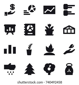 16 vector icon set : investment, diagram, statistic, presentation, annual report, flower, greenhouse, seedling, sprouting, hand leaf, sow, spruce, garden, fertilizer