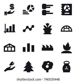 16 vector icon set : investment, diagram, annual report, graph, flower, greenhouse, seedling, sprouting, hand leaf, spruce, garden, fertilizer