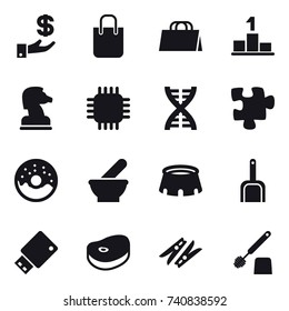 16 vector icon set : investment, shopping bag, pedestal, chess horse, chip, dna, puzzle, donut, stadium, scoop, clothespin, toilet brush