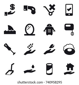 16 vector icon set : investment, hand coin, mobile checking, shark flipper, mirror, harvest, hand leaf, soap, scoop, hand and drop, cleanser powder, housing