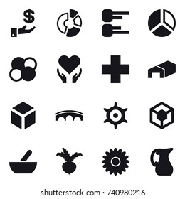 16 vector icon set : investment, circle diagram, diagram, atom core, warehouse, 3d, bridge, handwheel, mortar, beet, flower, jug