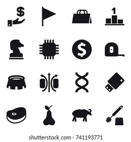 16 vector icon set : investment, flag, shopping bag, pedestal, chess horse, chip, dollar coin, measuring tape, stadium, pear, sheep, toilet brush