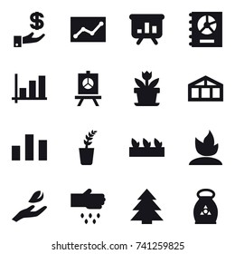 16 vector icon set : investment, statistic, presentation, annual report, graph, flower, greenhouse, seedling, sprouting, hand leaf, sow, spruce, fertilizer