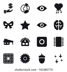 16 vector icon set : investment, circle diagram, eye, cardio chip, bow, star, house with garage, house, ring button, flower, acorn, shining