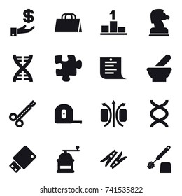 16 vector icon set : investment, shopping bag, pedestal, chess horse, dna, puzzle, shopping list, measuring tape, hand mill, clothespin, toilet brush