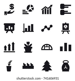 16 vector icon set : investment, diagram, presentation, graph, graph up, flower, greenhouse, seedling, spruce, fertilizer