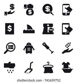 16 vector icon set : investment, money gift, dollar arrow, touch, shark flipper, coffee maker, harvest, sow, scoop, hanger, handle washing