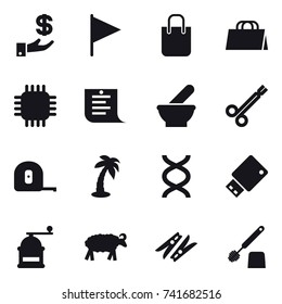 16 vector icon set : investment, flag, shopping bag, chip, shopping list, measuring tape, palm, hand mill, sheep, clothespin, toilet brush