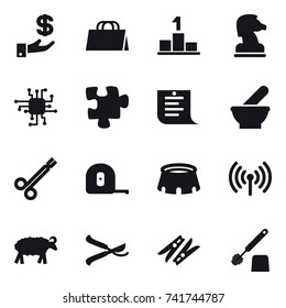 16 vector icon set : investment, shopping bag, pedestal, chess horse, chip, puzzle, shopping list, measuring tape, stadium, wireless, sheep, pruner, clothespin, toilet brush