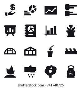 16 vector icon set : investment, diagram, statistic, presentation, annual report, graph, flower, greenhouse, seedling, sprouting, sow, garden, fertilizer