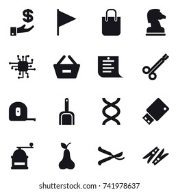 16 vector icon set : investment, flag, shopping bag, chess horse, chip, remove from basket, shopping list, measuring tape, scoop, hand mill, pear, pruner, clothespin
