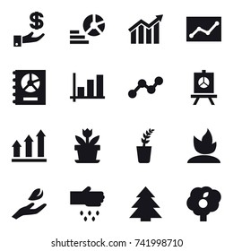 16 vector icon set : investment, diagram, statistic, annual report, graph, presentation, graph up, flower, seedling, sprouting, hand leaf, sow, spruce, garden