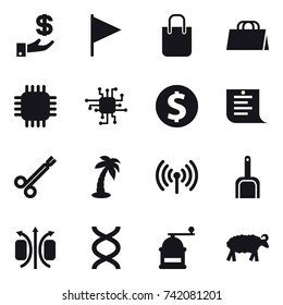 16 vector icon set : investment, flag, shopping bag, chip, dollar coin, shopping list, palm, wireless, scoop, hand mill, sheep