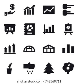 16 vector icon set : investment, diagram, statistic, presentation, annual report, graph, graph up, greenhouse, seedling, sow, spruce, garden