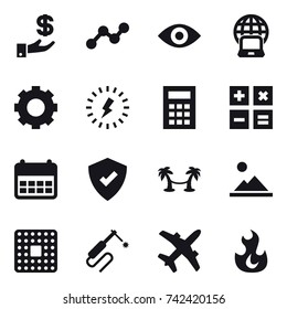 16 vector icon set : investment, graph, eye, notebook globe, gear, lightning, calculator, palm hammock, landscape