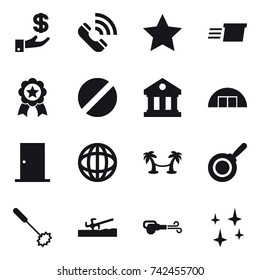 16 vector icon set : investment, call, star, delivery, medal, library, hangare, door, palm hammock, pan, whisk, soil cutter, blower, shining