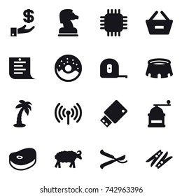 16 vector icon set : investment, chess horse, chip, remove from basket, shopping list, donut, measuring tape, stadium, palm, wireless, hand mill, sheep, pruner, clothespin