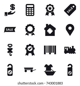 16 vector icon set : investment, calculator, medal, sale label, sale, smart house, train, do not distrub, trailer, handle washing