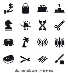 16 vector icon set : investment, shopping bag, pedestal, chess horse, chip, dna, stadium, palm, wireless, pruner, clothespin, toilet brush