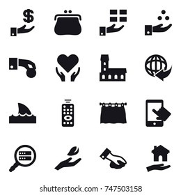 16 vector icon set : investment, purse, gift, chamical industry, hand coin, mansion, shark flipper, remote control, curtain, hand leaf, wiping, housing