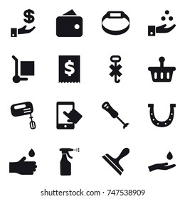 16 vector icon set : investment, wallet, smart bracelet, chamical industry, cargo stoller, mixer, horseshoe, hand drop, sprayer, scraper, hand and drop