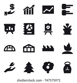 16 vector icon set : investment, diagram, statistic, presentation, annual report, flower, greenhouse, seedling, sprouting, hand leaf, spruce, garden, fertilizer