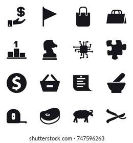 16 vector icon set : investment, flag, shopping bag, pedestal, chess horse, chip, puzzle, dollar coin, remove from basket, shopping list, measuring tape, sheep, pruner