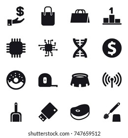 16 vector icon set : investment, shopping bag, pedestal, chip, dna, dollar coin, donut, measuring tape, stadium, wireless, scoop, toilet brush