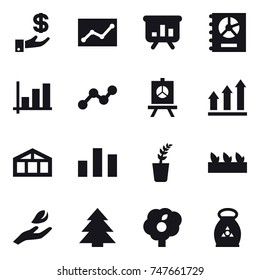 16 vector icon set : investment, statistic, presentation, annual report, graph, graph up, greenhouse, seedling, hand leaf, spruce, garden, fertilizer