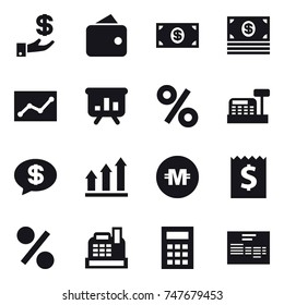 16 vector icon set : investment, wallet, money, statistic, presentation, percent, cashbox, money message, graph up, crypto currency, receipt, calculator