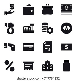 16 vector icon set : investment, wallet, purse, money, money gift, cashbox, virtual mining, crypto currency, hand coin, credit card, account balance, receipt, percent, atm receipt, building