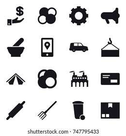 16 vector icon set : investment, atom core, gear, megafon, tent, rolling pin, fork, trash bin, package