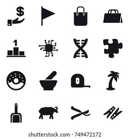 16 vector icon set : investment, flag, shopping bag, pedestal, chip, dna, puzzle, donut, measuring tape, palm, scoop, sheep, pruner, clothespin