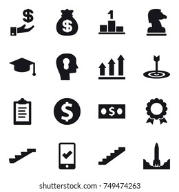 16 vector icon set : investment, money bag, pedestal, chess horse, graduate hat, bulb head, graph up, target, clipboard, dollar coin, money, medal, stairs, mobile checking