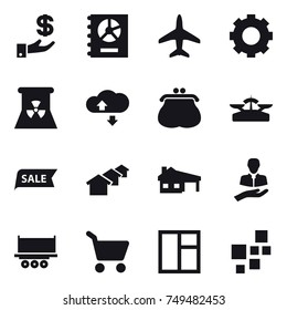 16 vector icon set : investment, annual report, plane, gear, nuclear power, cloude service, purse, scales, sale, houses, house with garage, cart, window